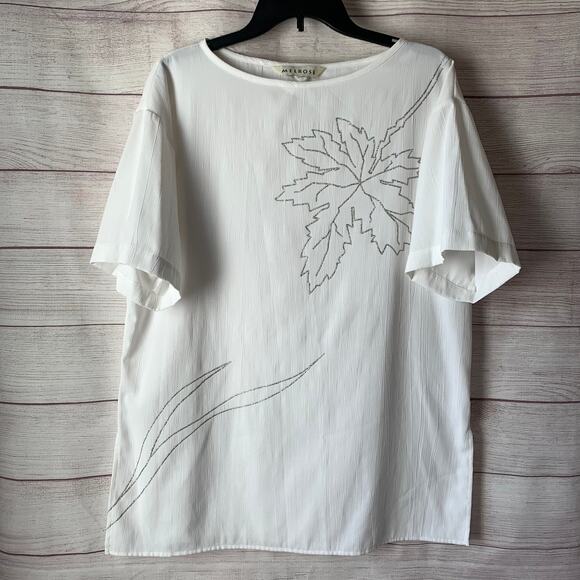Vintage Melrose White Blouse with Silver Leaf Short Sleeve Long Size M - Picture 1 of 12
